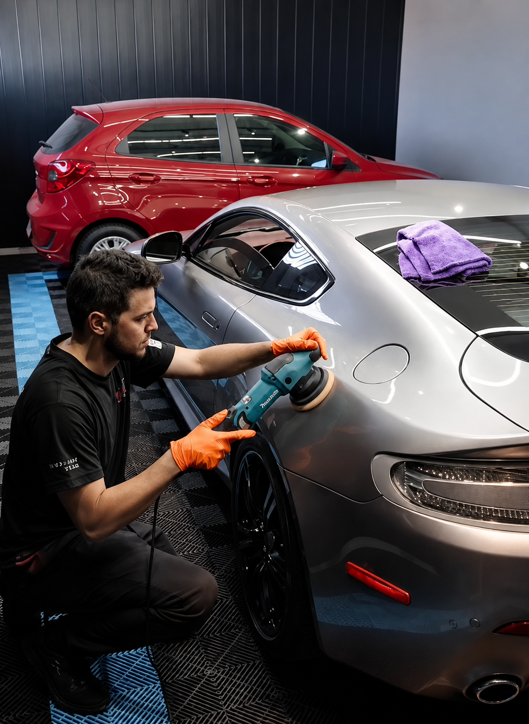 Técnico realizando polimento em carro esportivo prata